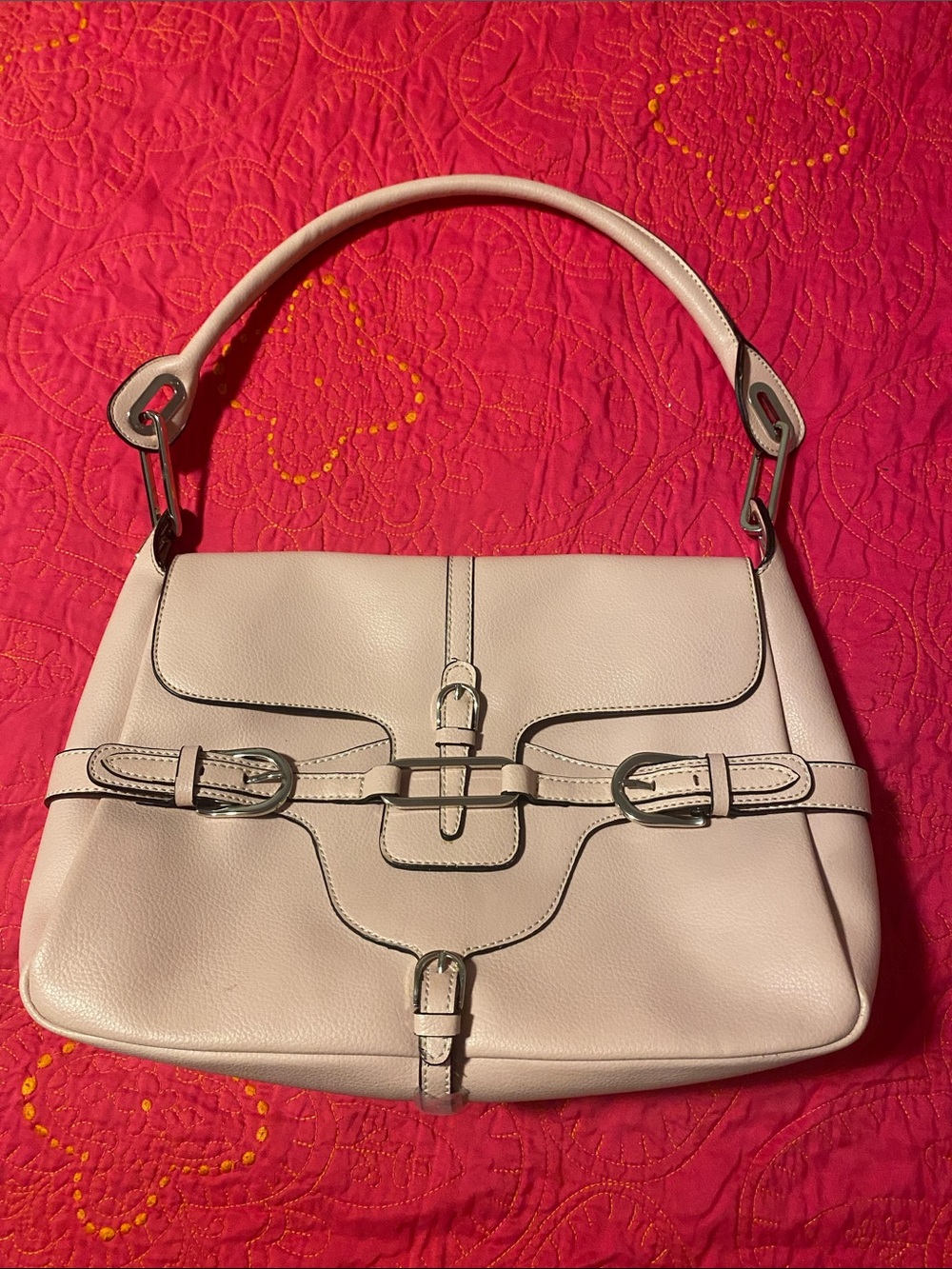 Elegant Blush Pink Shoulder Bag with Buckle Detail. Not a Jimmy Choo.